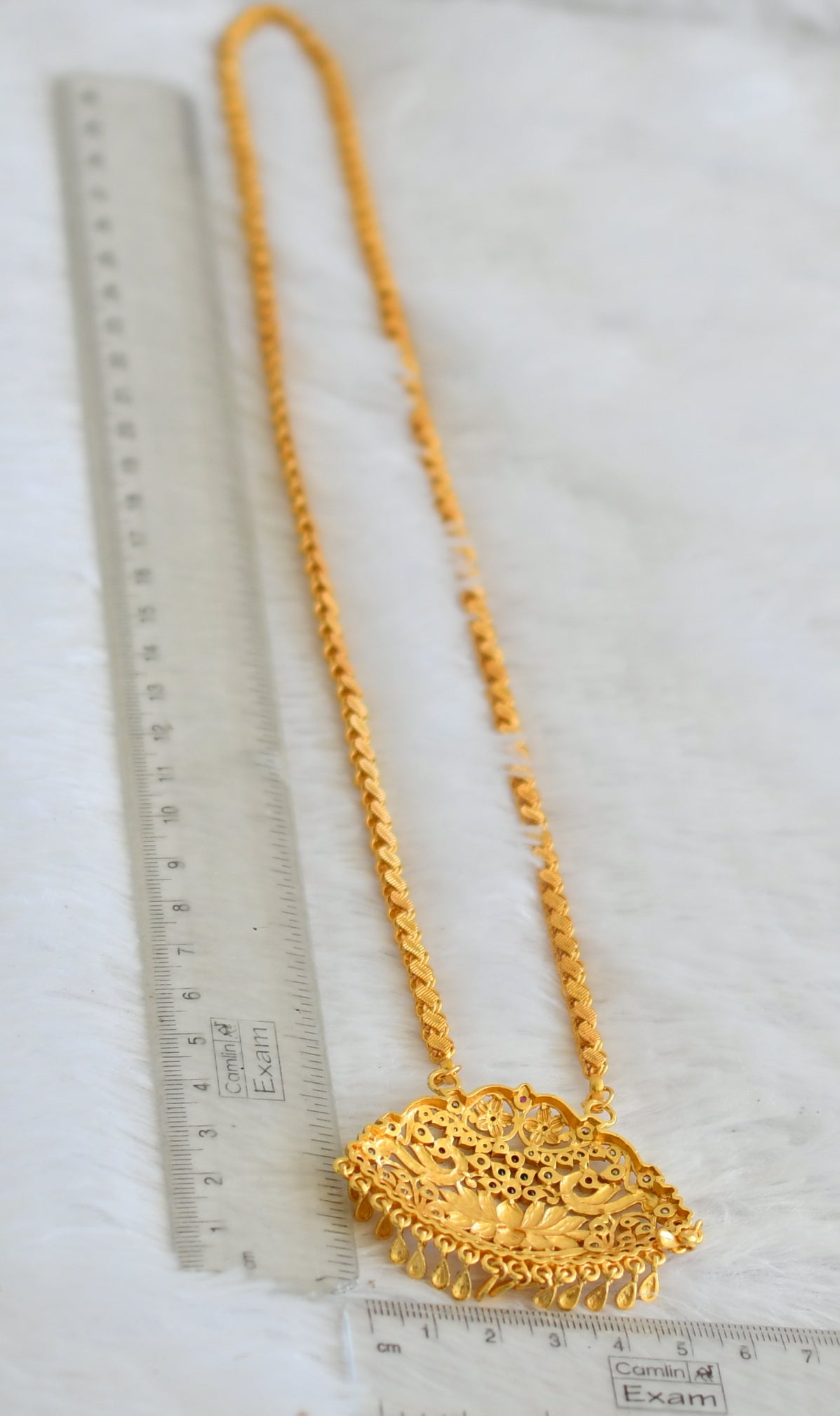 Matte gold tone 24 inches chain with ad pink-green-white peacock lotus pendant dj-50344