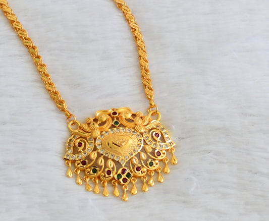 Matte gold tone 24 inches chain with ad pink-green-white peacock pendant dj-50342