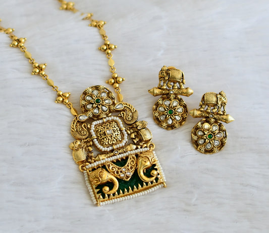 Matte finish green-white stone pearl beaded elephant peacock flower necklace set dj50349