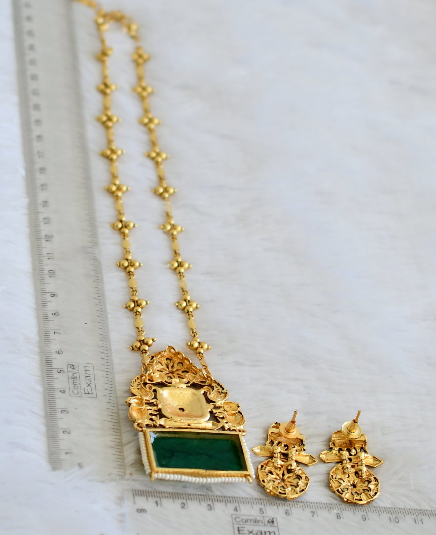 Matte finish green-white stone pearl beaded elephant peacock flower necklace set dj50349