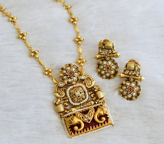 Matte finish red-white stone pearl beaded elephant peacock flower necklace set dj-50350