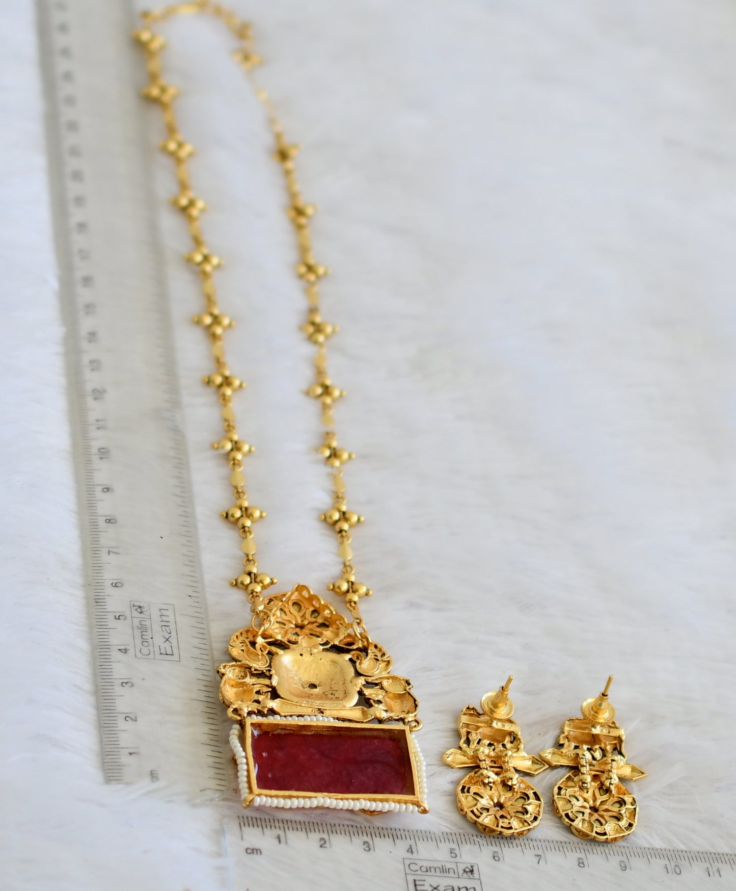 Matte finish red-white stone pearl beaded elephant peacock flower necklace set dj-50350