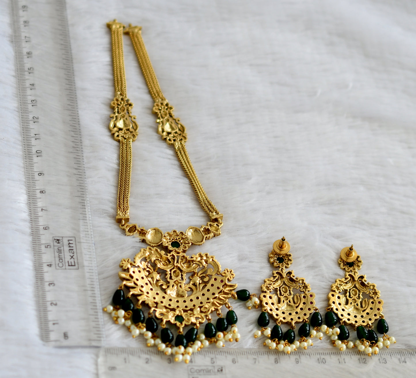 Matte finish ruby-green beaded lakshmi peacock necklace set dj-48369