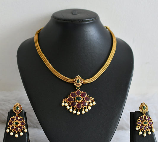 Matte finish kemp-green-pearl flower necklace set dj-48368