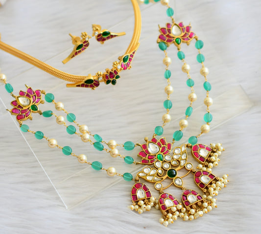 Gold tone pink-green-white kundan jadau lotus haar combo set dj-44964