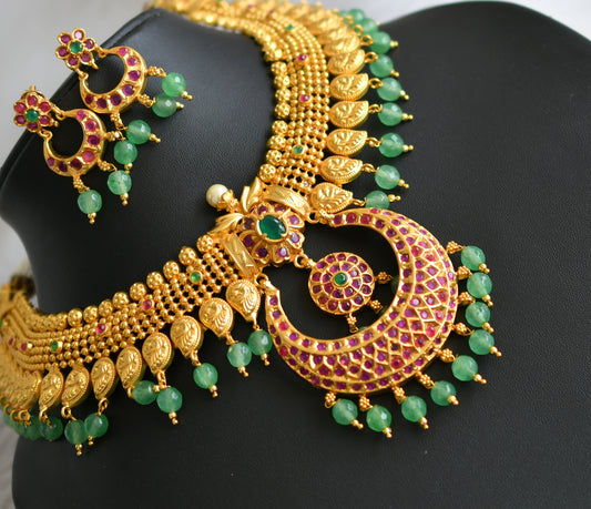 Gold tone ruby-green stone mango green agates necklace set dj-42146