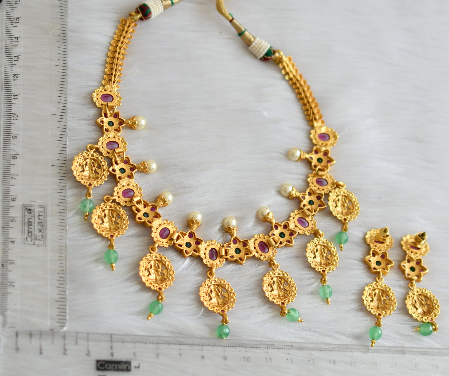 Gold tone ruby-green Lakshmi flower green agates beads necklace set dj-42148