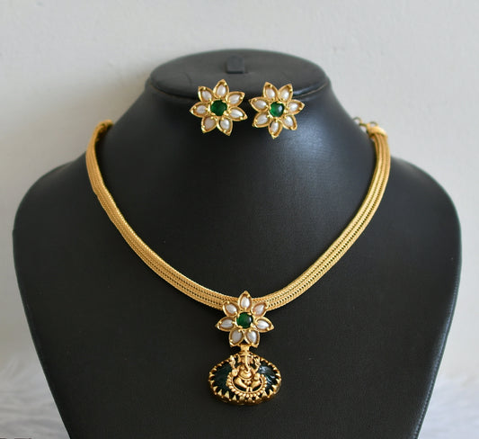 Matte finish green-pearl ganesha flower necklace set dj-50364