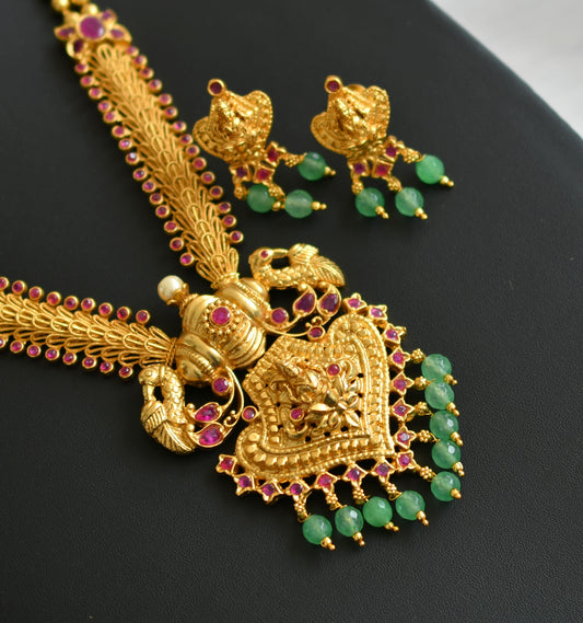 Gold tone ruby stone Lakshmi green agates necklace set dj-42145
