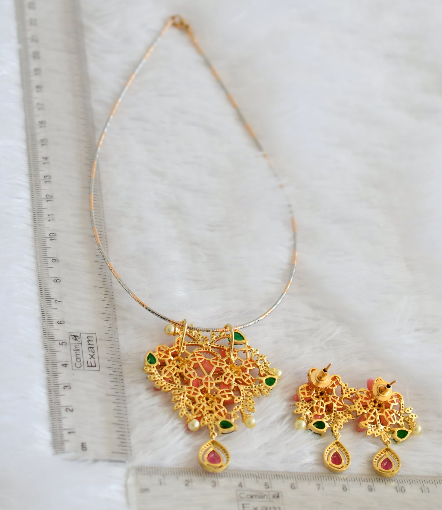 Two tone cz magenta pink-green stone baby pink-pearl beaded flower kanti necklace set dj-50368