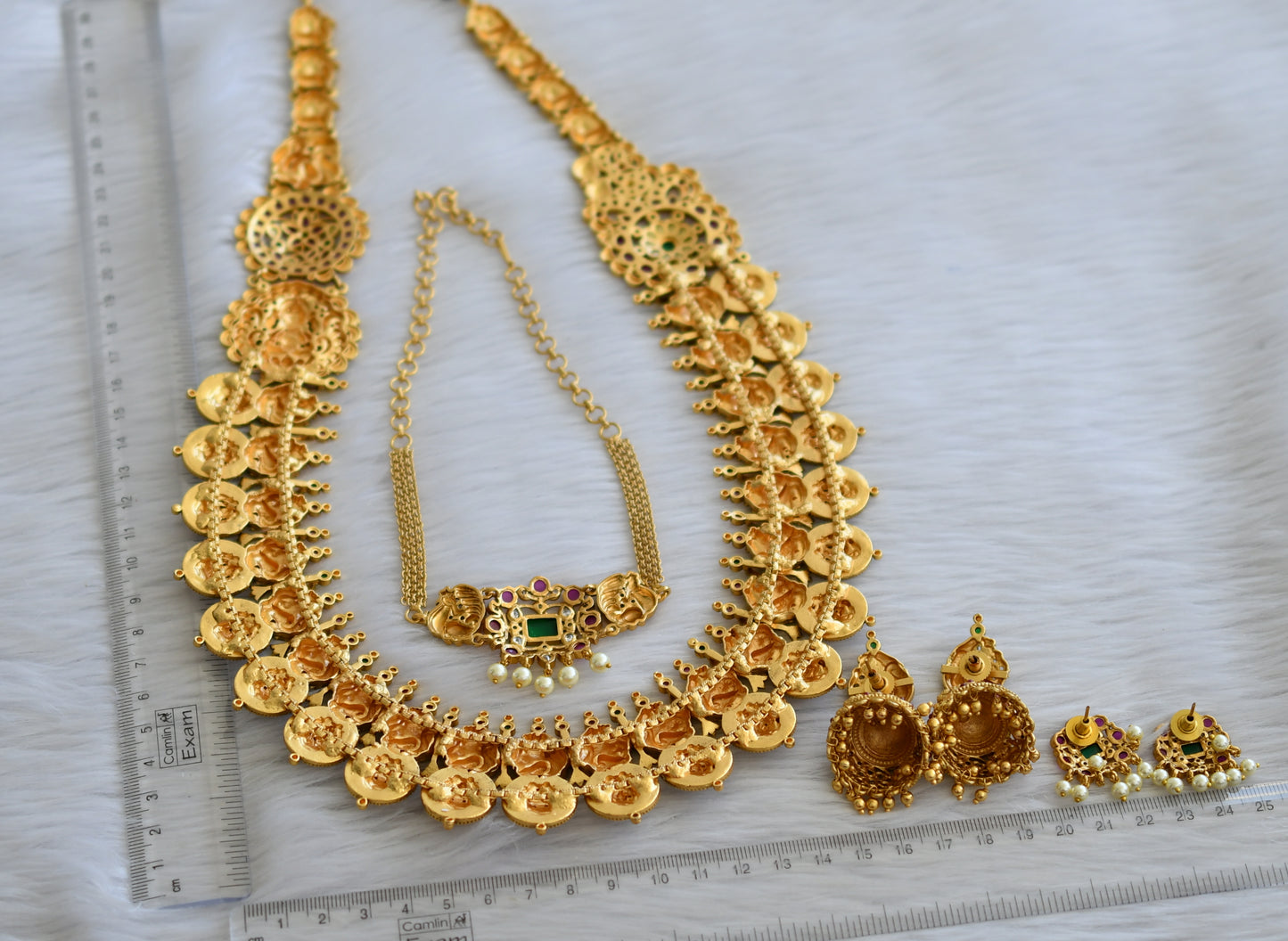 Matte finish kemp-green lakshmi peacock haar combo set dj-44969