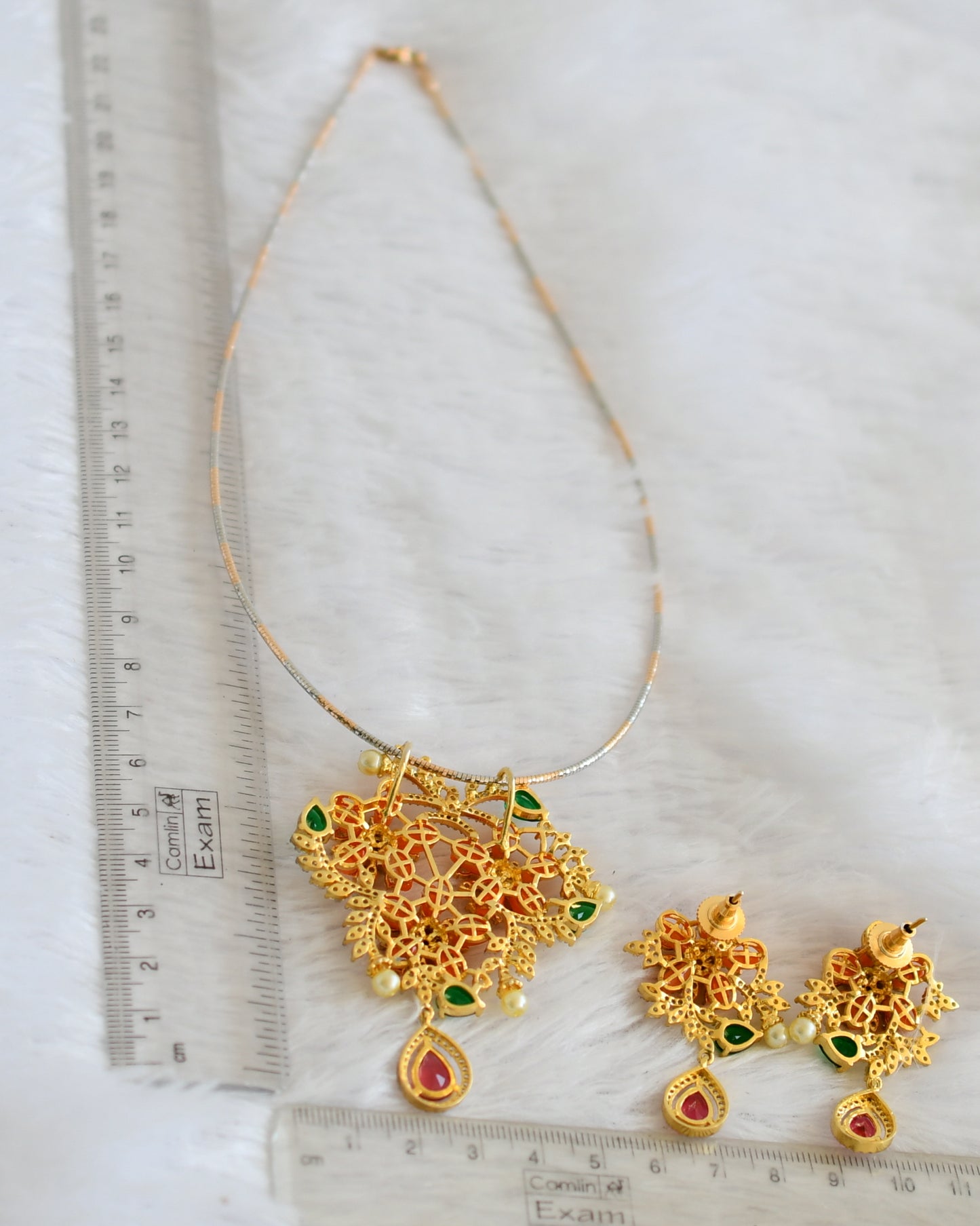 Two tone cz magenta pink-green stone orange-pearl beaded flower kanti necklace set dj-50369
