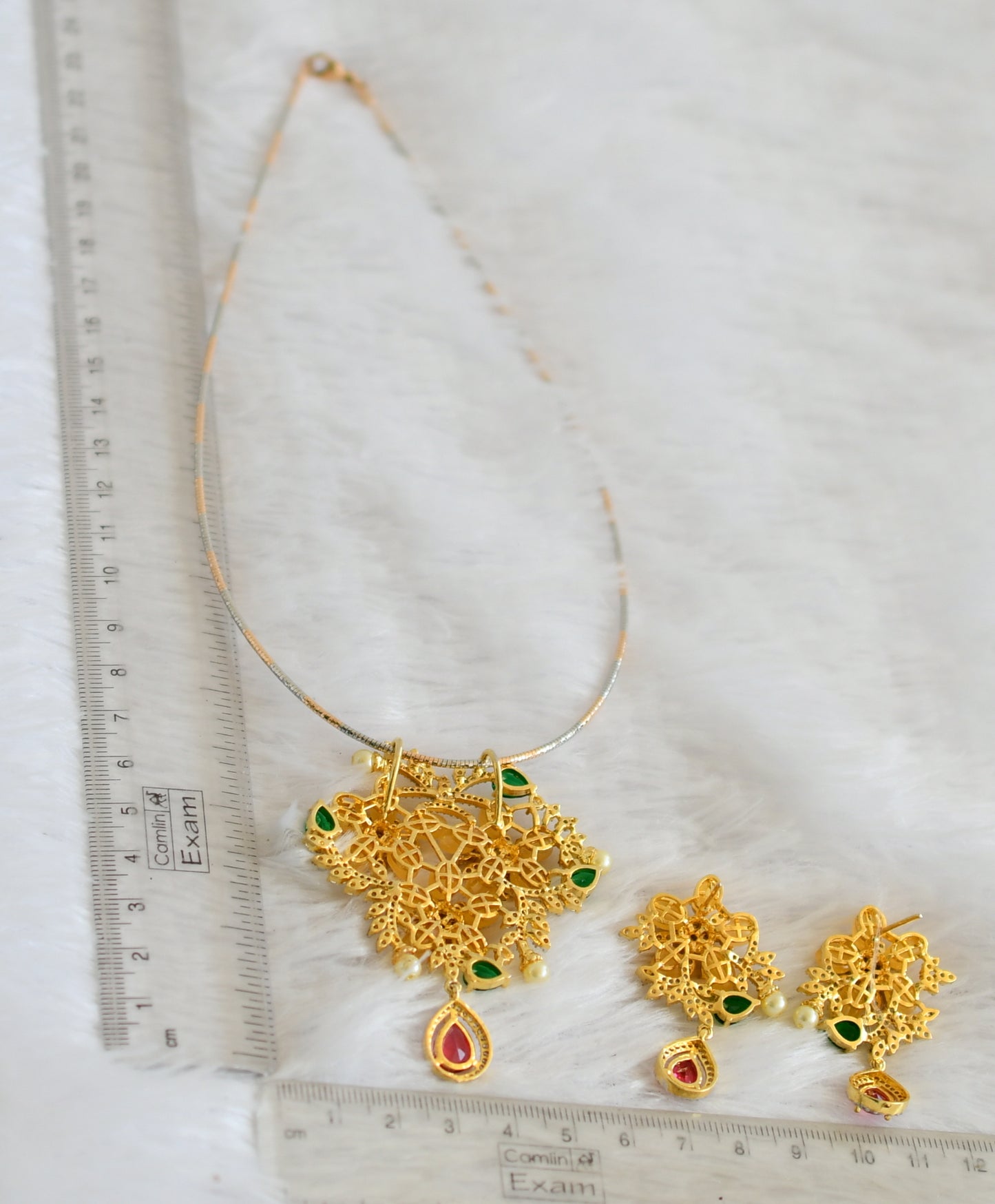 Two tone cz magenta pink-green stone yellow-pearl beaded flower kanti necklace set dj-50370
