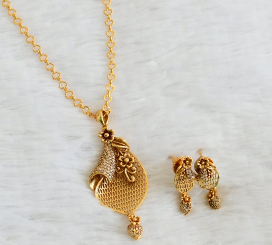 Antique gold tone 18 inches chain with cz white flower pendant set dj-50367