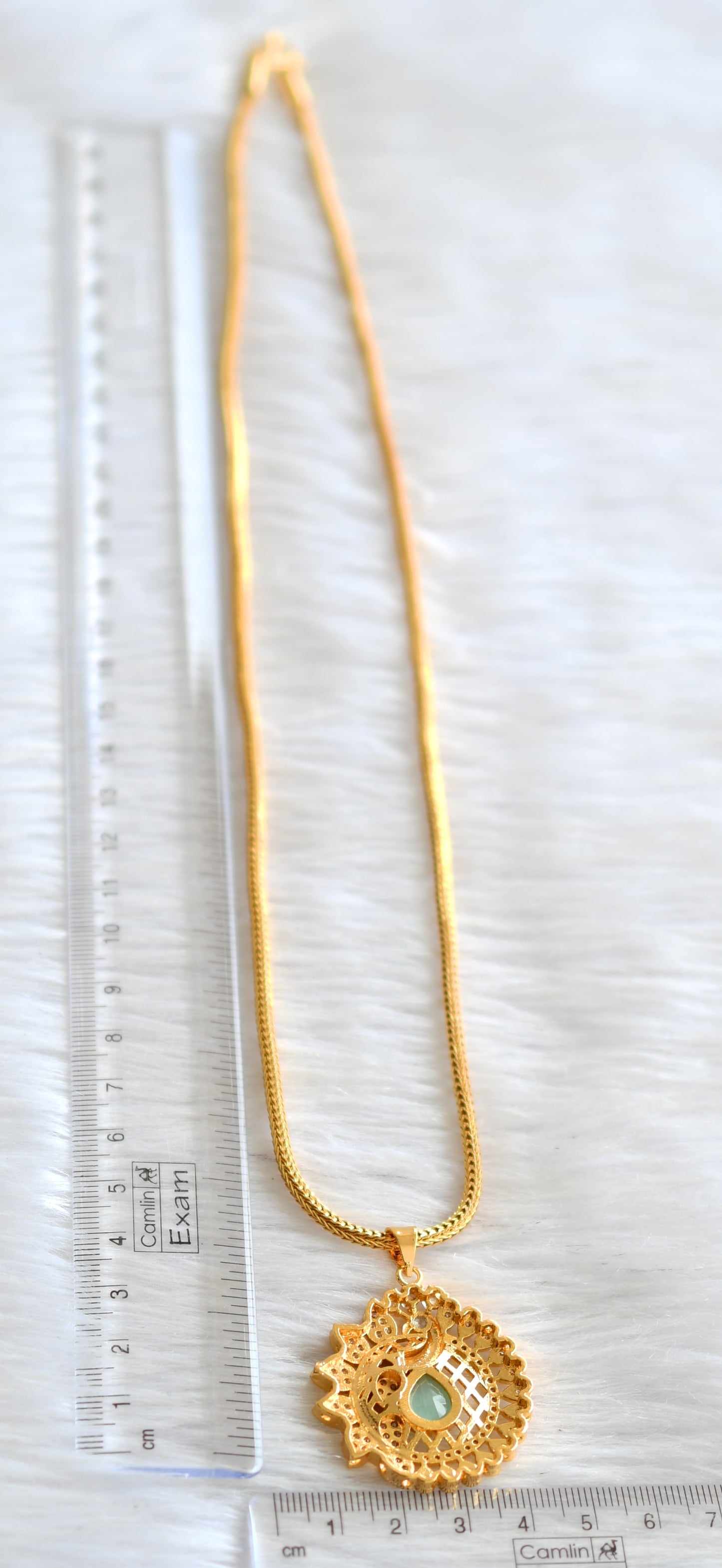 Gold tone 24 inches chain with cz sea green- white peacock pendant dj-43438