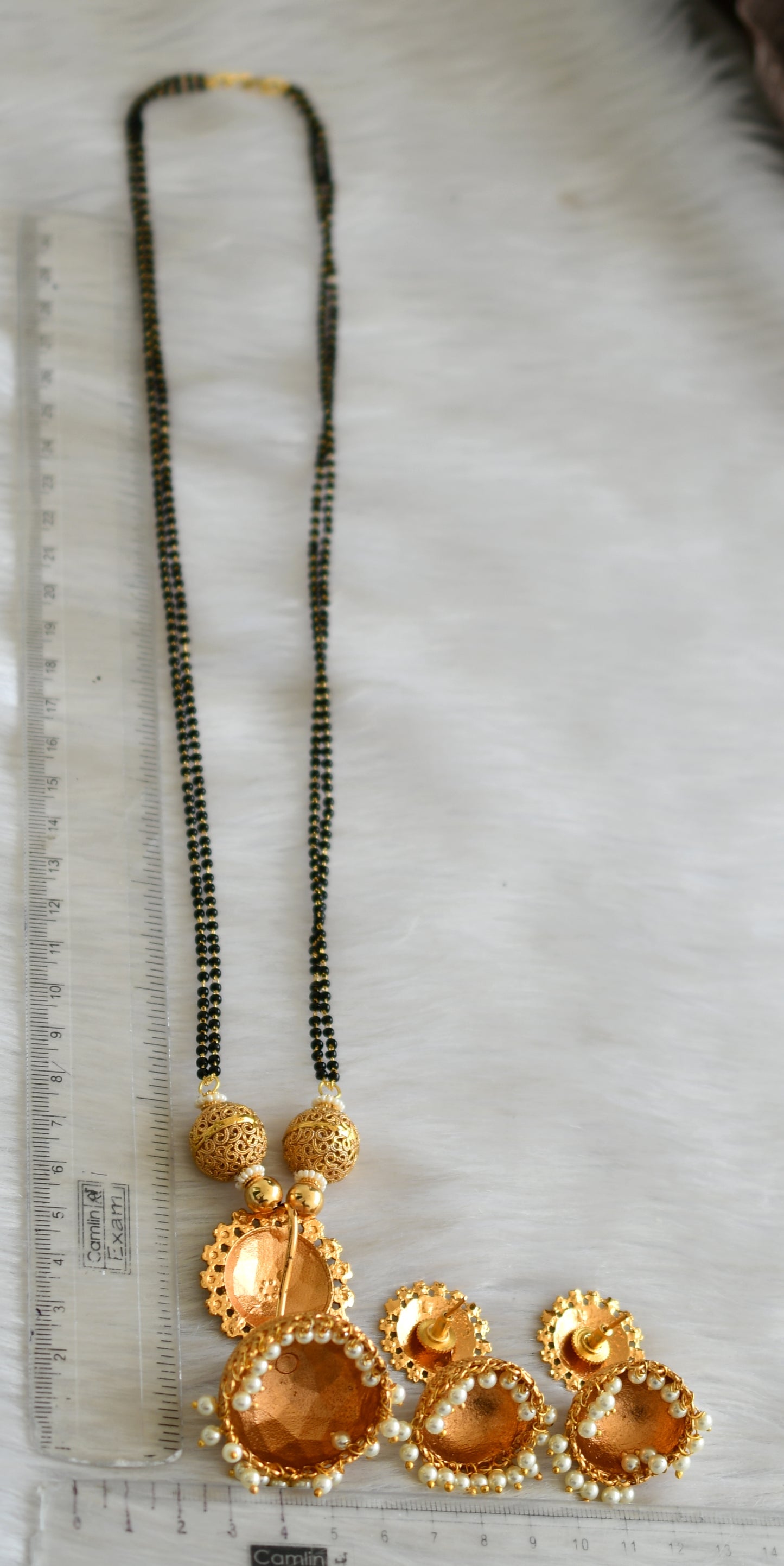 Antique gold tone pearl cluster jhumkka mangalsutra set dj-42128