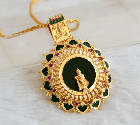 Gold tone pink-green palakka green Krishna Kerala style pendant with chain dj-43164