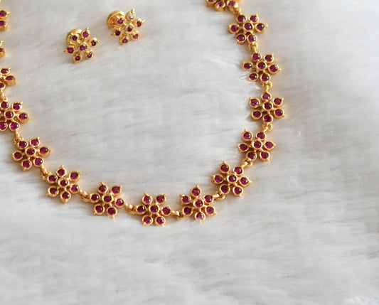 Gold tone ad pink stone flower necklace set dj-46658