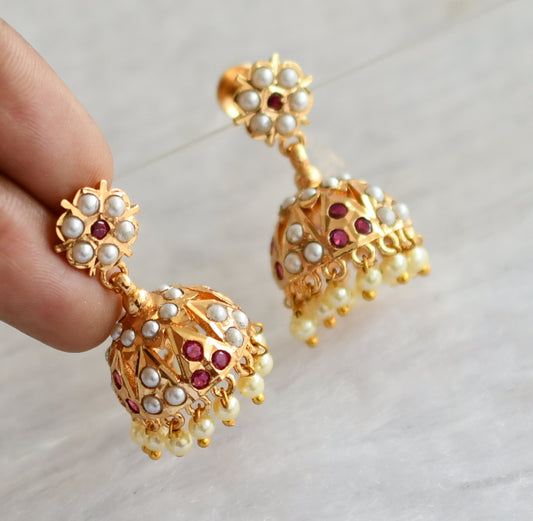 Gold tone south indian pink-pearl flower jhumkka dj-46672