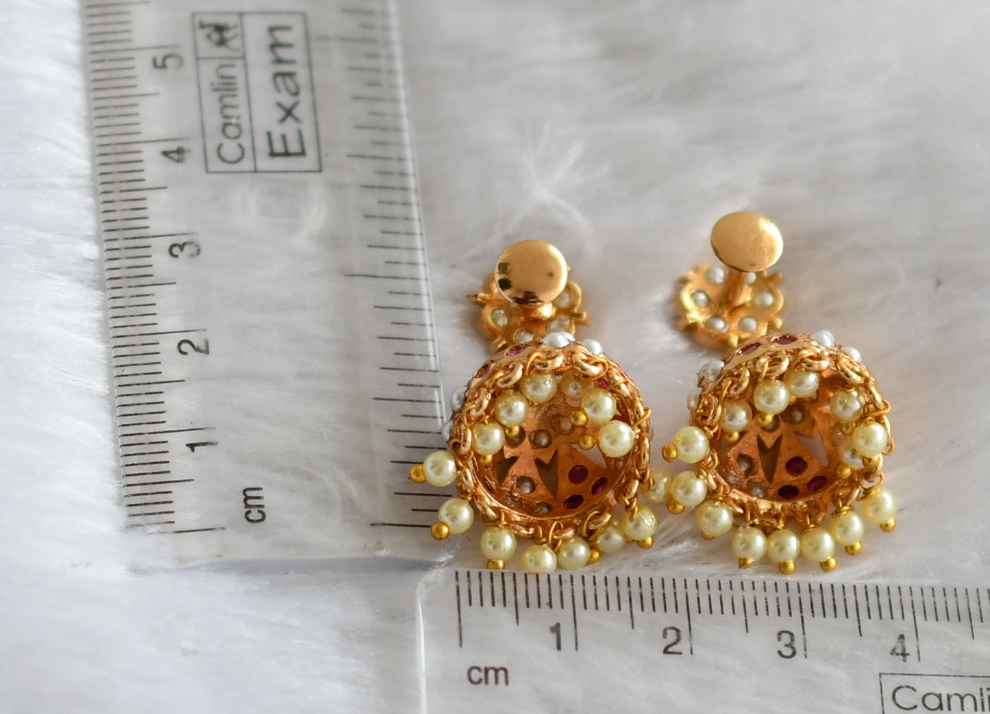 Gold tone south indian pink-pearl flower jhumkka dj-46672