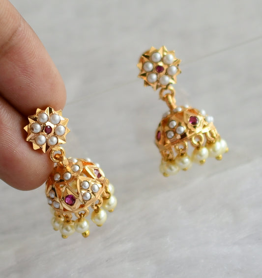 Gold tone south indian pink-pearl small jhumkka dj-46673