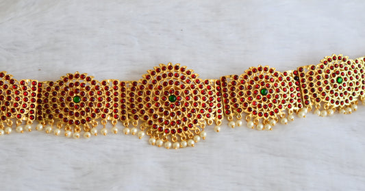 Gold tone kemp-green pearl bead round waist band dj-50381