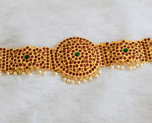 Gold tone kemp-green pearl bead round waist band dj-50380