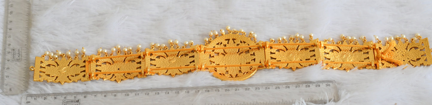 Gold tone kemp-green pearl bead round waist band dj-50380