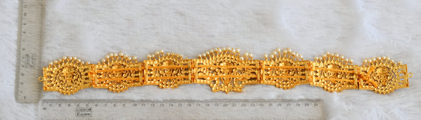 Gold tone kemp-green pearl bead lakshmi peacock waist band dj-50377