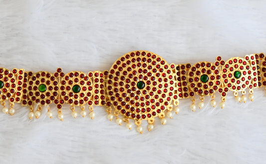 Gold tone kemp-green pearl bead round waist band dj-50379
