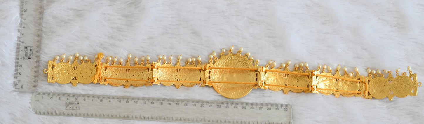 Gold tone kemp-green pearl bead round waist band dj-50379