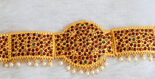 Gold tone kemp-green pearl bead flower waist band dj-50378