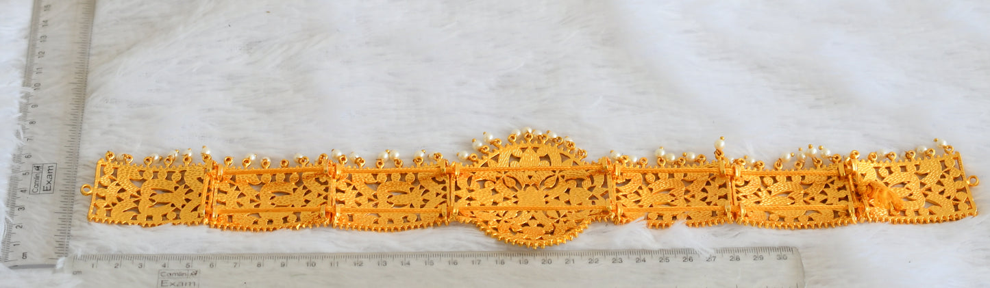 Gold tone kemp-green pearl bead flower waist band dj-50378