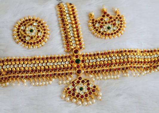 Gold tone kemp-green-white pearl bead maang tikka dj-50395