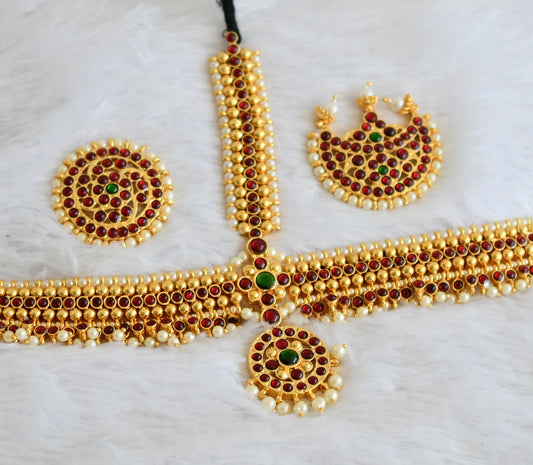 Gold tone kemp-green-pearl bead maang tikka dj-50393