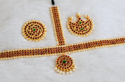 Gold tone kemp-green-pearl bead maang tikka dj-50392