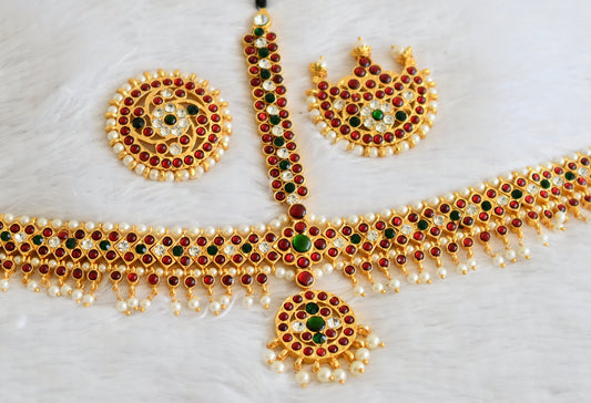 Gold tone kemp-white pearl bead mango maang tikka dj-50394