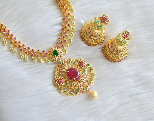 Gold tone ruby-emerald flower necklace combo set dj-43444