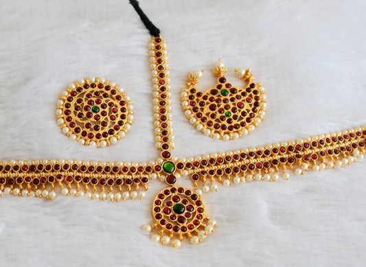 Gold tone kemp-green pearl bead maang tikka dj-50391