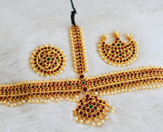 Gold tone kemp-green pearl bead maang tikka dj-50389