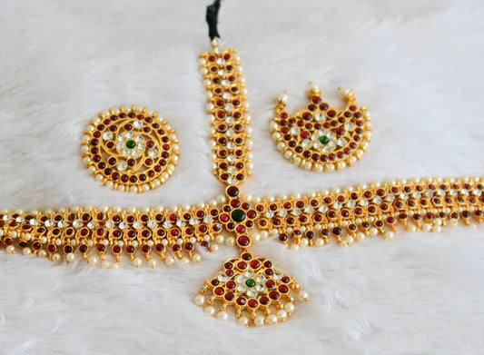 Gold tone kemp-green-white pearl bead maang tikka dj-50387
