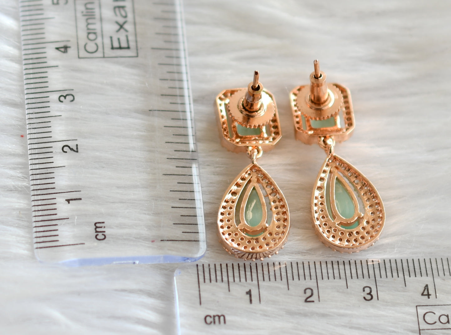 Beautiful rose gold tone cz white-sea green square stone designer earrings dj-34767