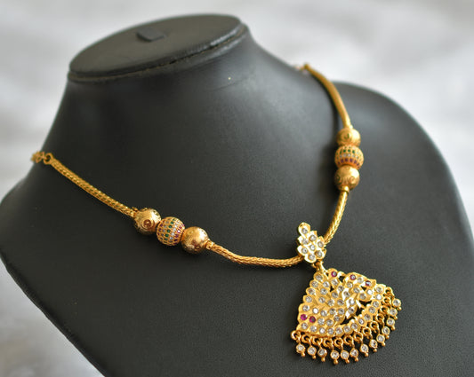 Gold tone ad pink-white south indian peacock kodi necklace dj-46662