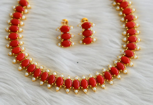 Gold tone coral-pearl oval stone necklace set dj-45004