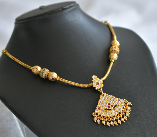 Gold tone ad pink-white south indian kodi necklace dj-46664