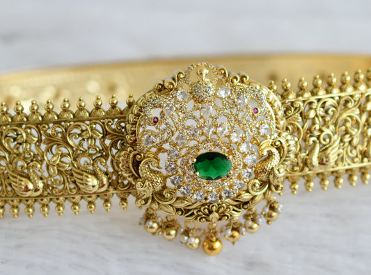 Antique gold tone green-white stone peacock waist band dj-50404