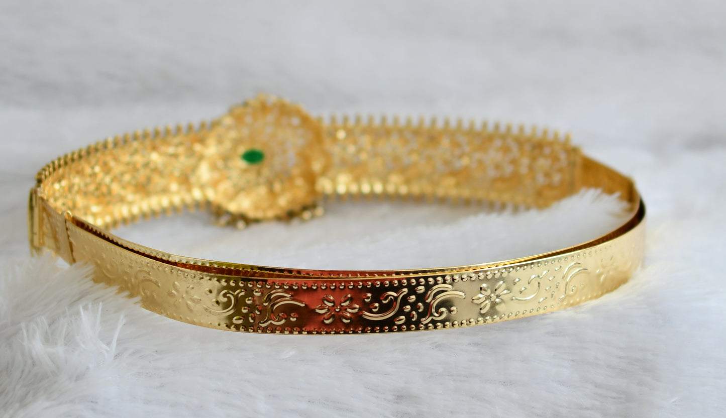 Antique gold tone green-white stone peacock waist band dj-50404