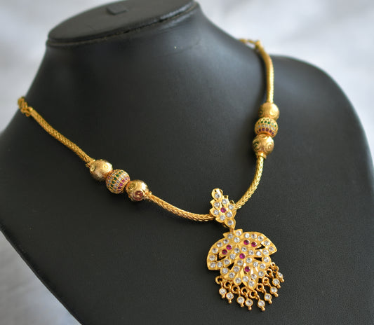 Gold tone ad pink-white south indian kodi necklace dj-46665