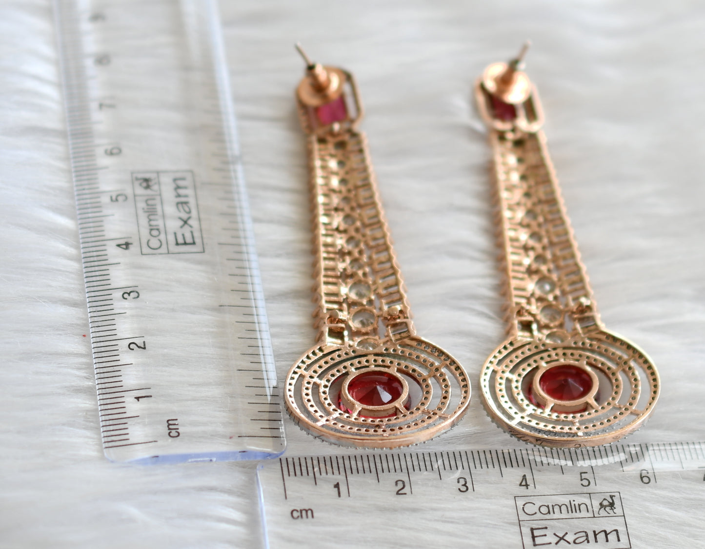 Rose Gold Tone Cz Red Long Earrings DJ30164