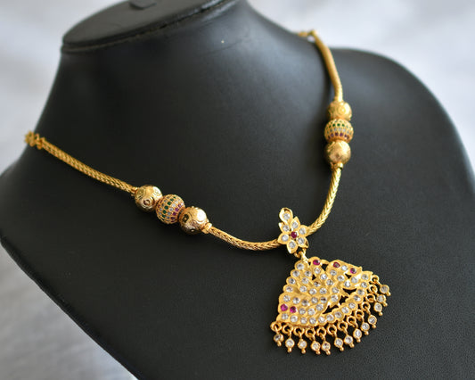 Gold tone ad pink-white south indian peacock kodi necklace dj-46666